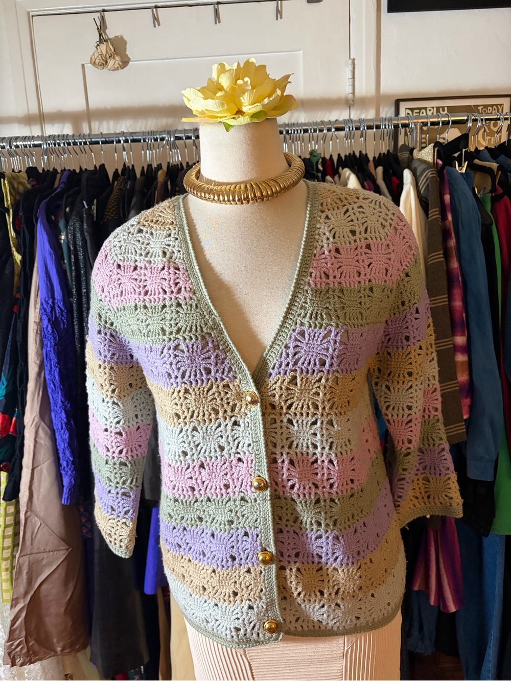 VTG 60s Ilaria Italy Hand Knit Pure Wool Crochet Pastel Striped Cardigan 12